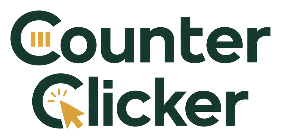 Counter Clicker logo - dark green bold typography with golden cursor click icon.