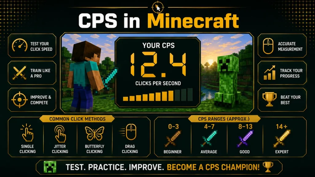 Infographic showing CPS in Minecraft with Click Per Second Test speed ranges, clicking methods, and a CPS score display to help players improve PvP performance.