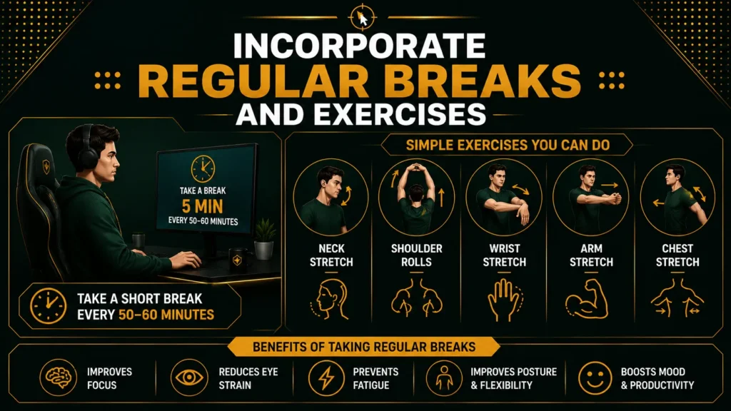 Regular breaks and stretching exercises infographic showing a 5-minute break schedule, neck, shoulder, wrist, arm, and chest stretches to reduce fatigue and improve comfort.