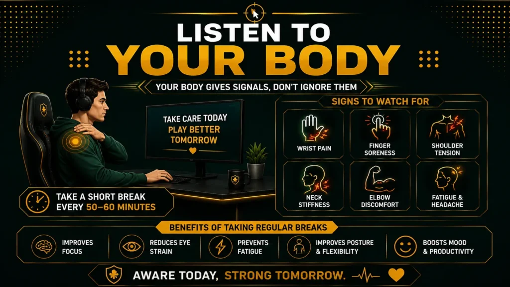 Body awareness infographic showing common signs of mouse overuse, including wrist pain, finger soreness, shoulder tension, neck stiffness, and tips to prevent strain.
