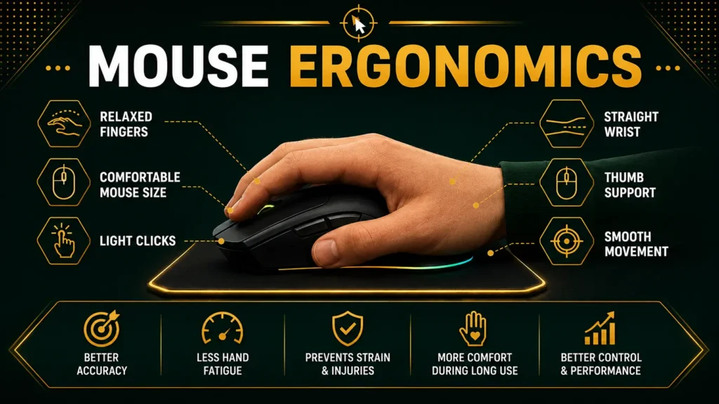 Mouse ergonomics infographic showing the correct hand position, relaxed fingers, straight wrist, thumb support, and proper mouse grip for comfortable and accurate clicking.