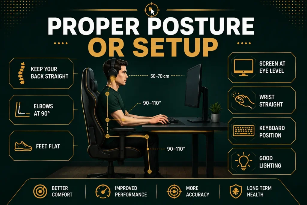 **Alt Text (One Line):**
Proper computer posture and ergonomic desk setup infographic showing correct sitting position, monitor height, wrist alignment, keyboard placement, and back support for comfortable and accurate mouse use.