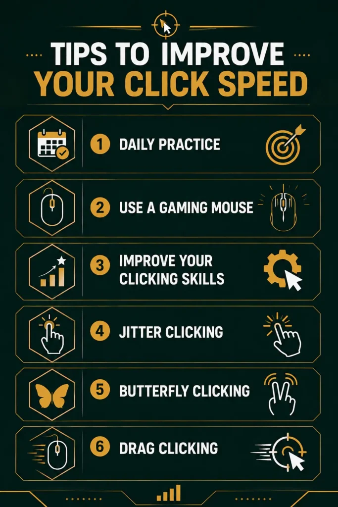 Infographic showing six practical tips to improve Click Per Second Test speed, including daily practice, using a gaming mouse, improving clicking skills, jitter clicking, butterfly clicking, and drag clicking.