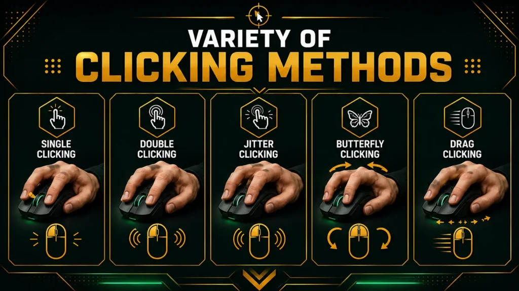 Clicking methods infographic comparing single clicking, double clicking, jitter clicking, butterfly clicking, and drag clicking for improving mouse clicking speed and accuracy.