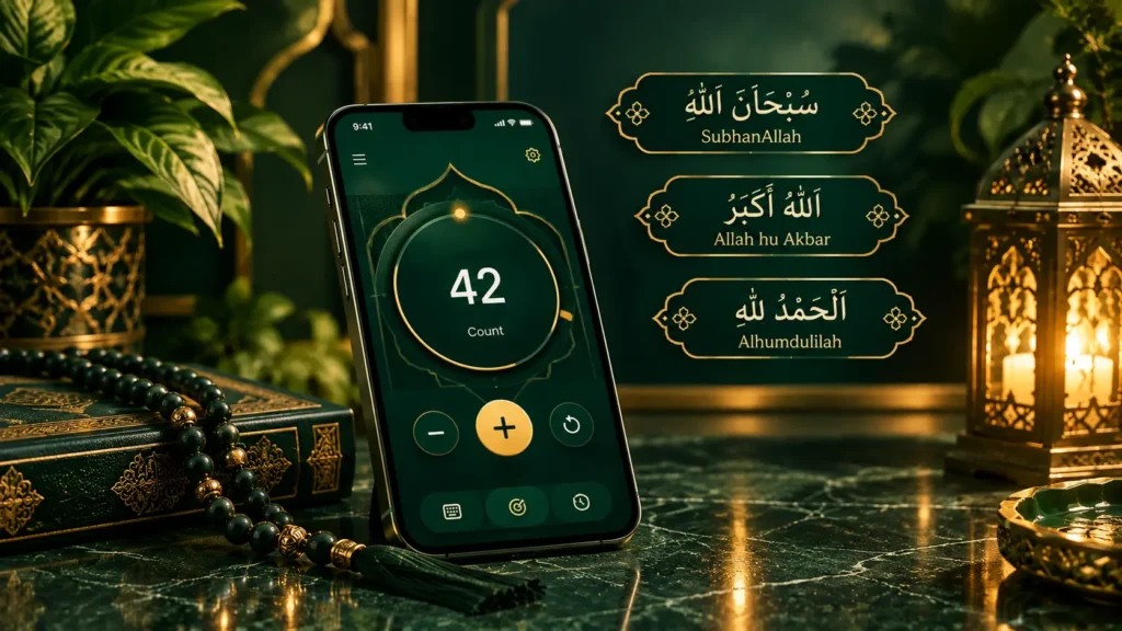 Digital Tasbih counter in dark green and gold with prayer beads, Quran, and lantern.