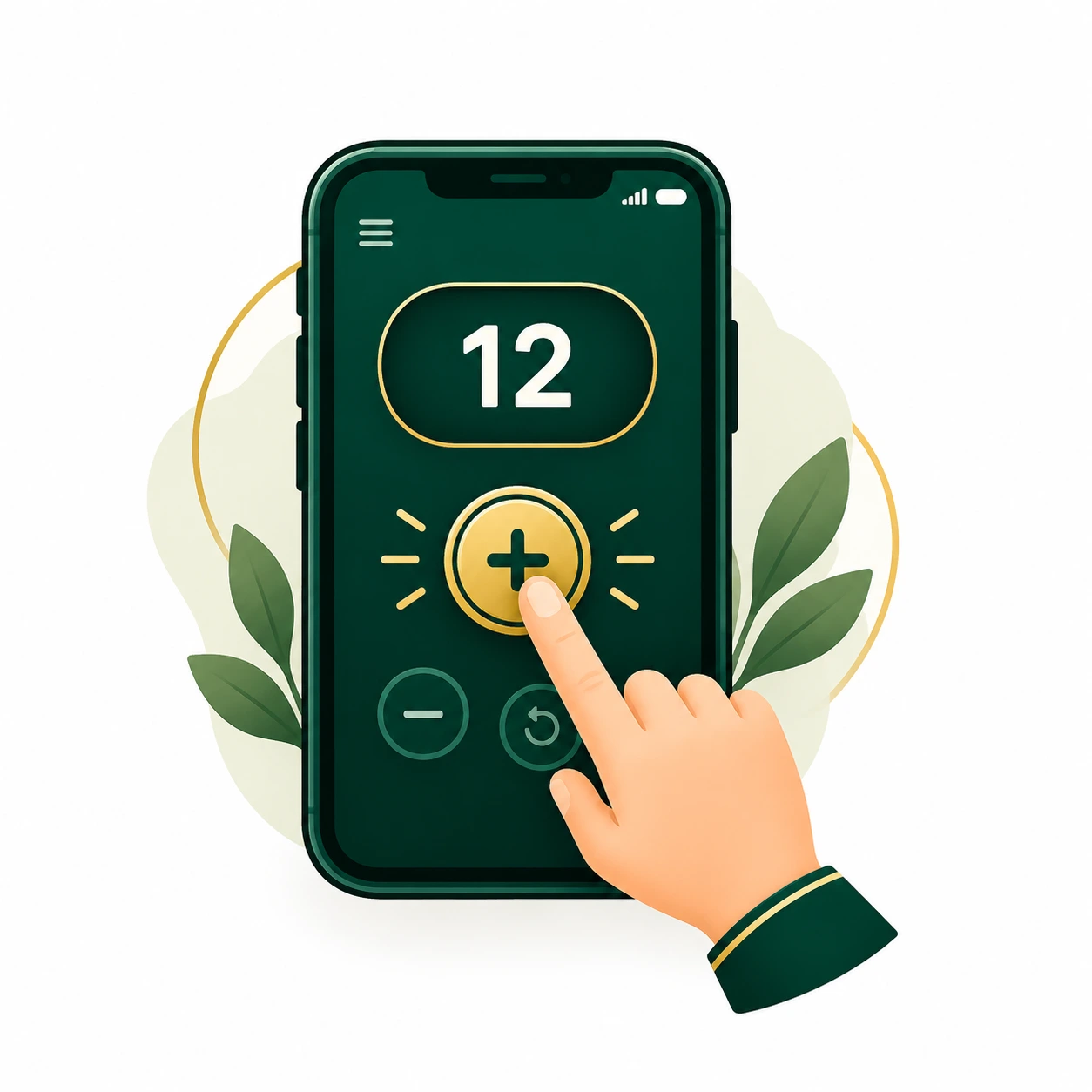 Digital Tasbih counter on a smartphone with a finger tapping the gold count button.