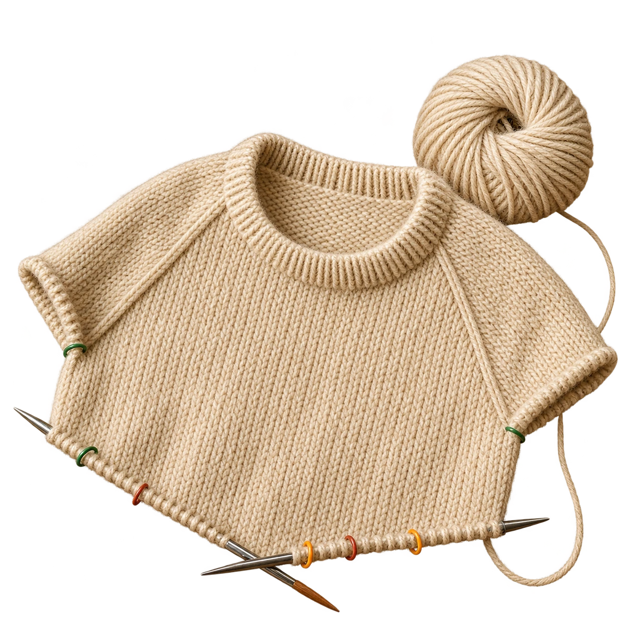 Beige knitted sweater with yarn ball and knitting needles on a transparent background.