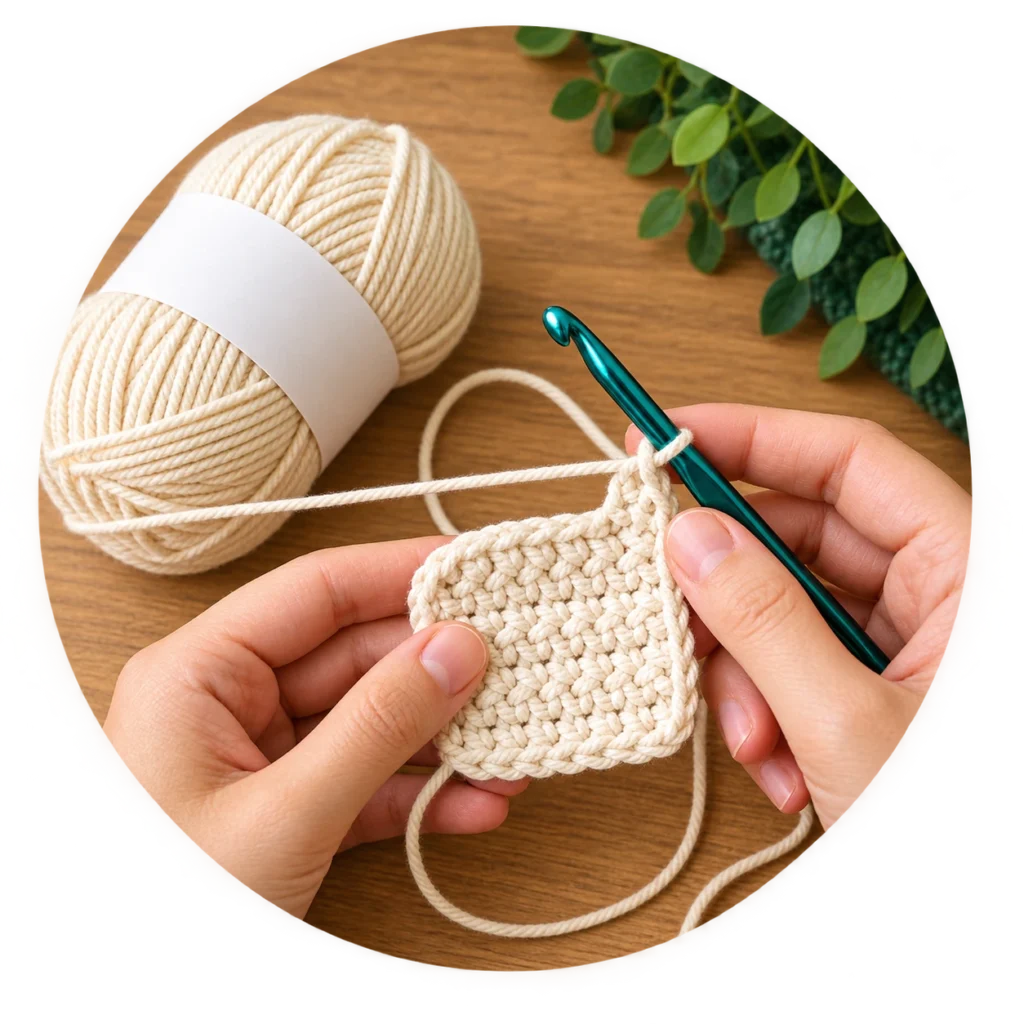 Hands crocheting a cream yarn swatch with a crochet hook for an online stitch and row counter.