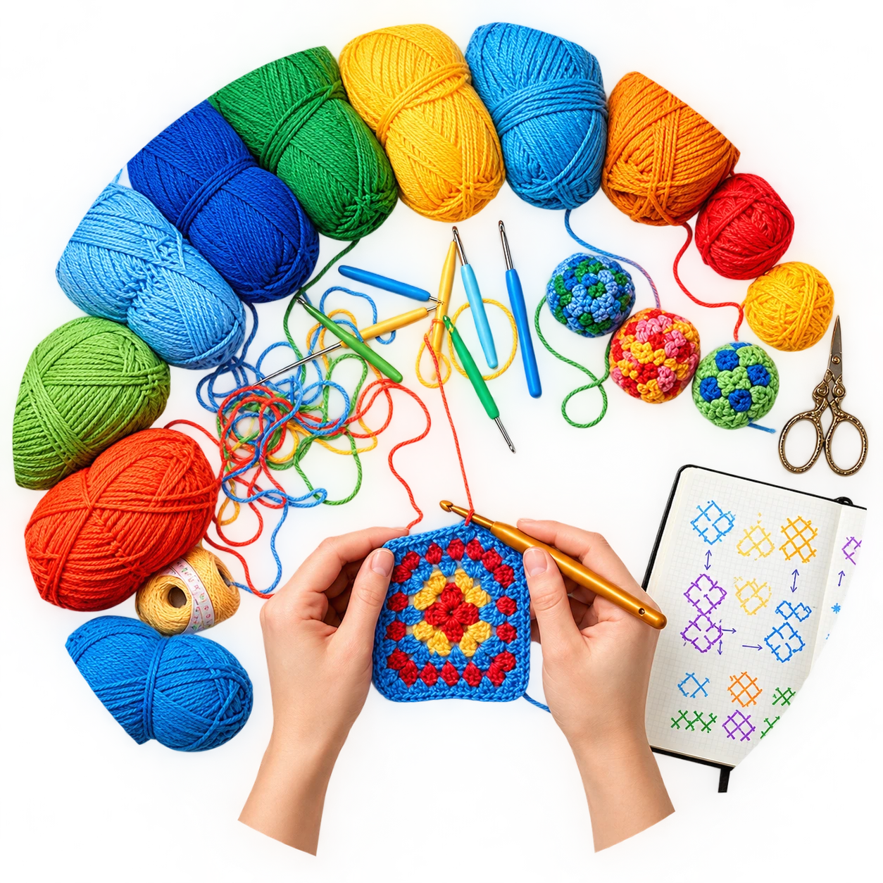 Colorful yarn balls, crochet hooks, and hands creating a granny square crochet pattern.