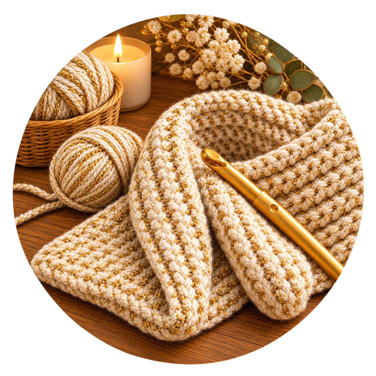 Cream and gold crochet project with yarn balls and a golden crochet hook.