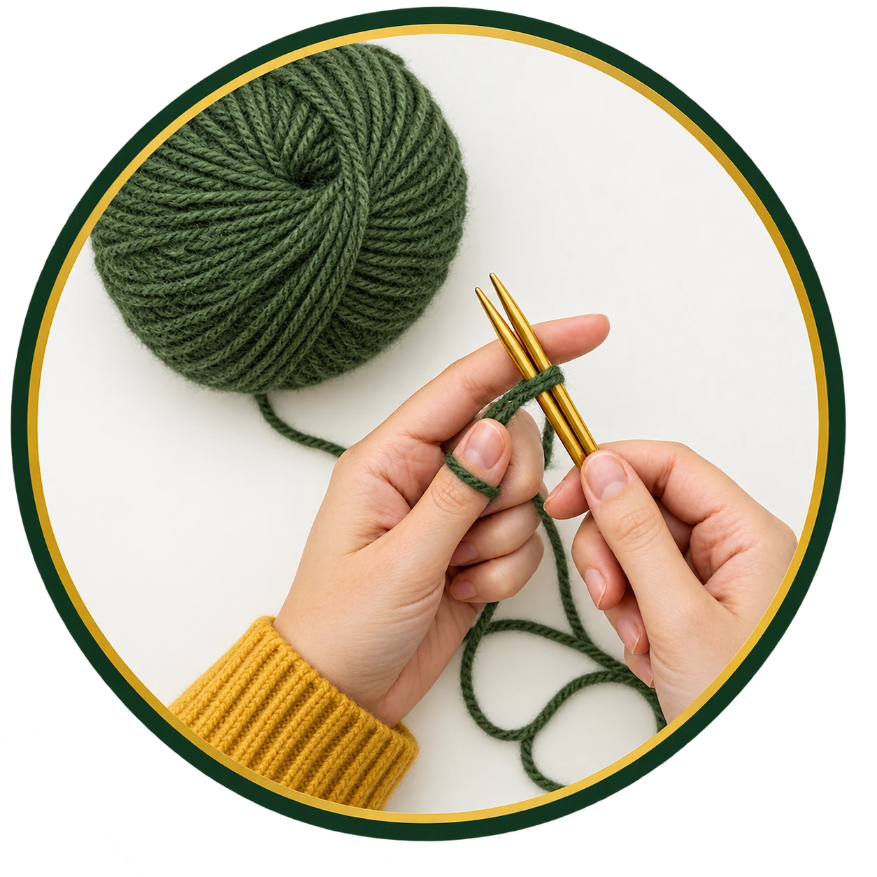 Green yarn ball and hands knitting with golden needles in a circular frame with dark green and gold border.