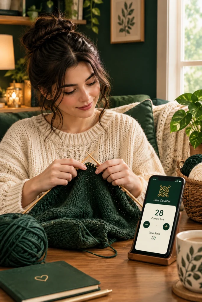 Woman knitting a dark green sweater with a row counter app displayed on her smartphone in a cozy craft room.