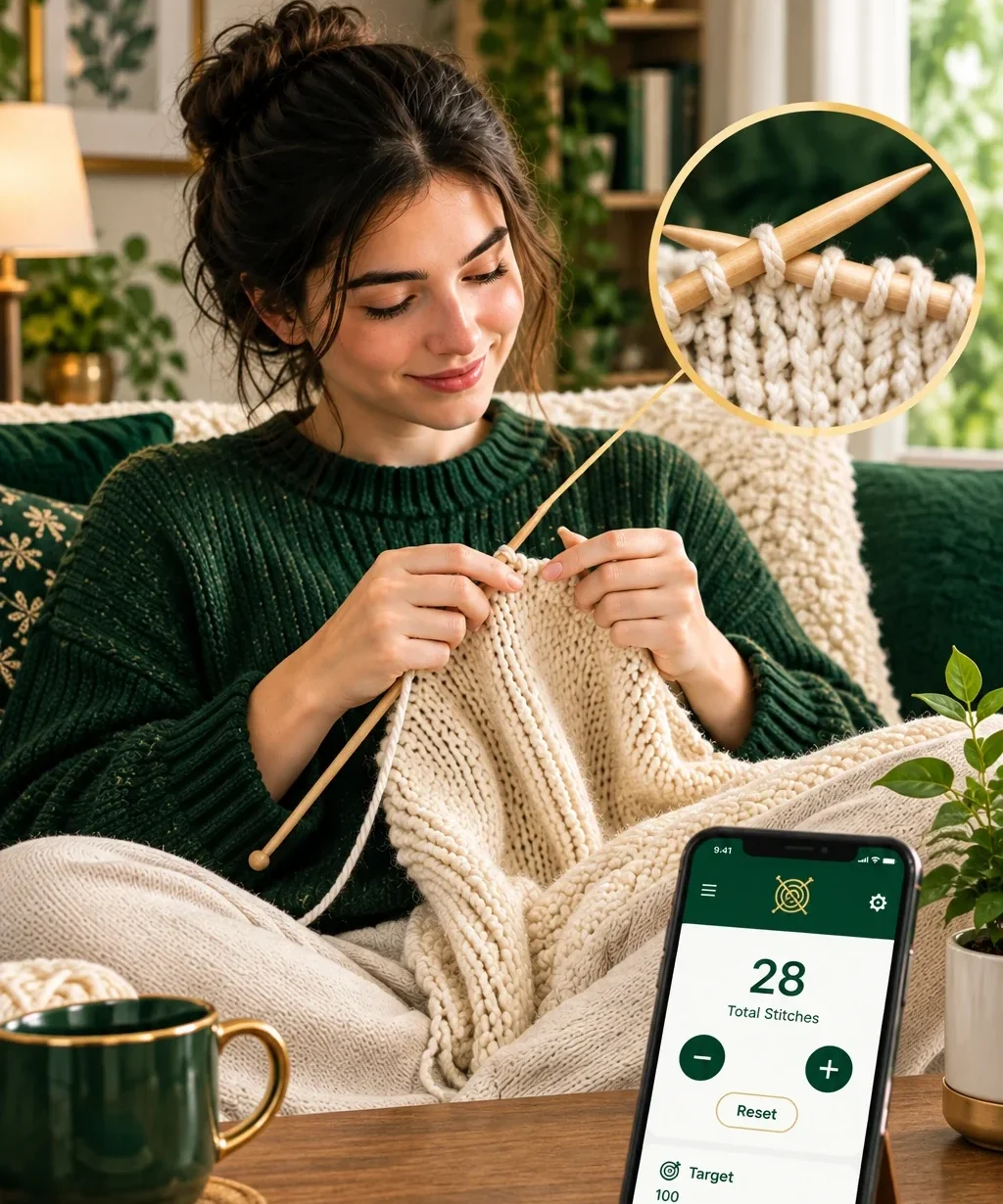 Woman knitting a cream sweater while using an online stitch counter.