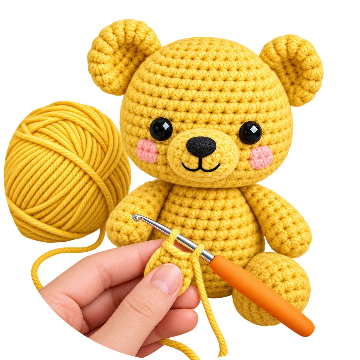 Crochet teddy bear amigurumi with beige yarn and crochet hook in a circular gold frame.