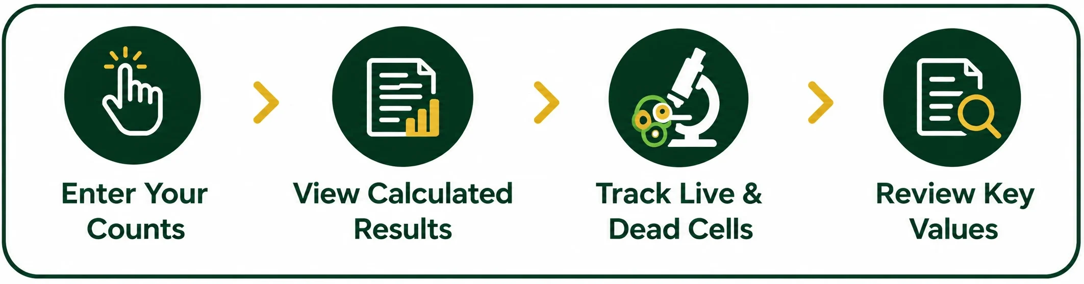 Online cell counter steps for entering counts, viewing results, tracking live and dead cells, and reviewing key values.