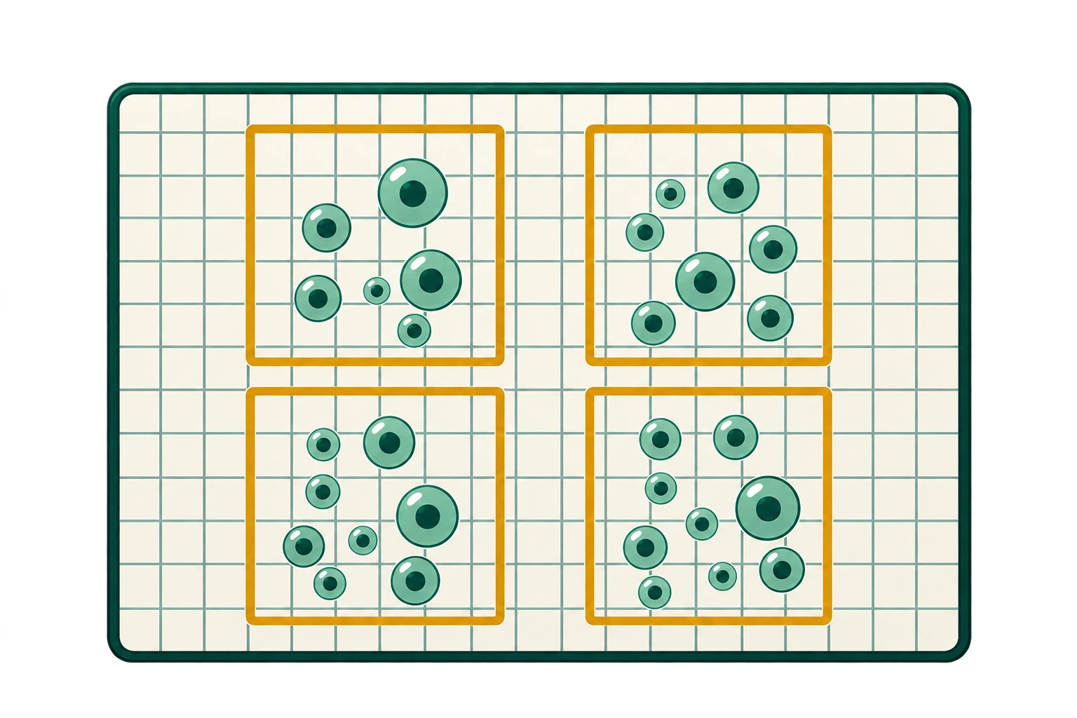 Hemocytometer grid with four counting squares for cell counting