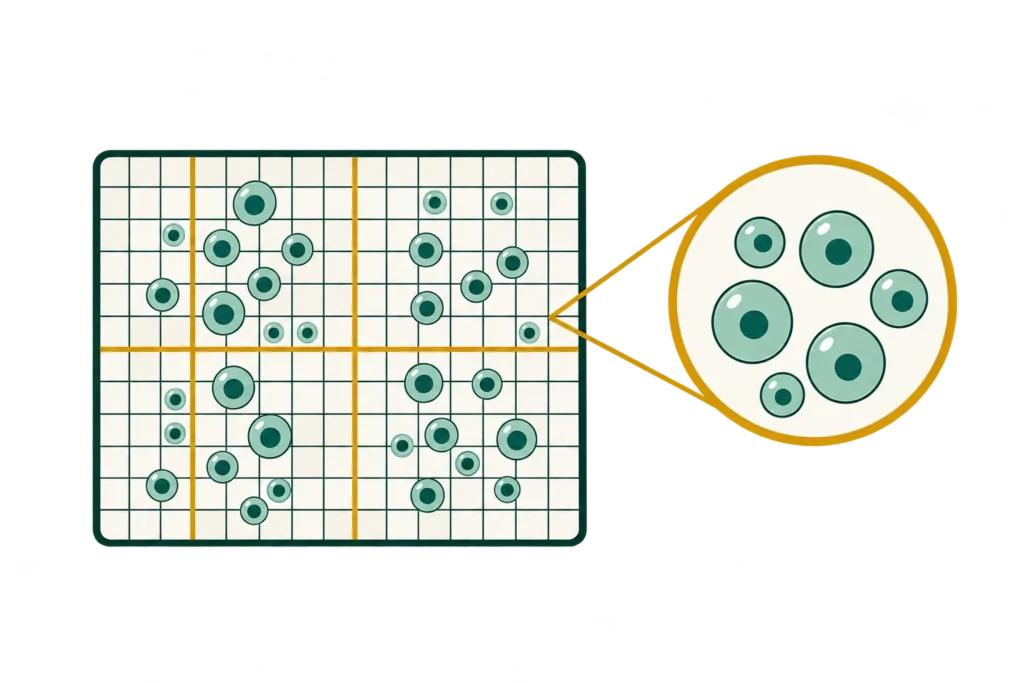 Hemocytometer grid with cells for manual cell counting