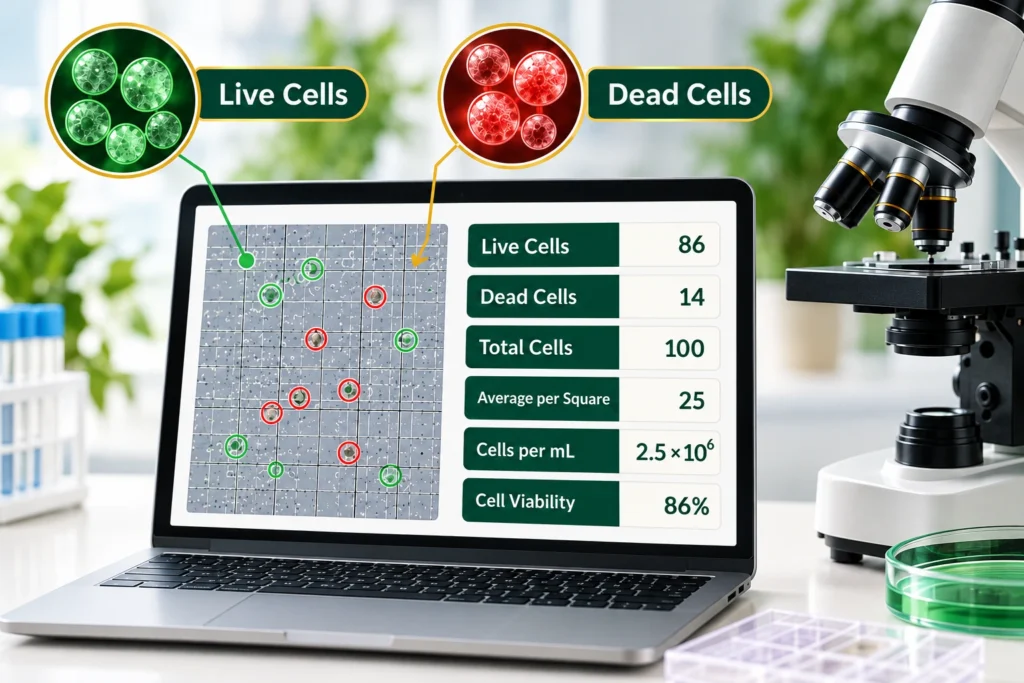 Online cell counter showing live and dead cells, cell viability, and cells per mL on a laptop.